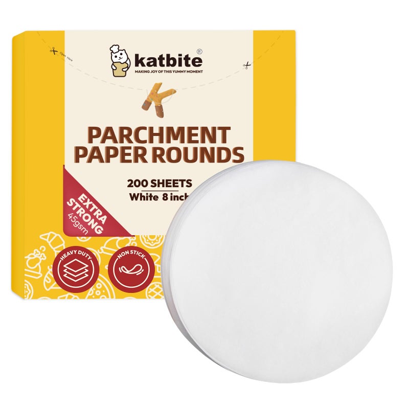 Katbite Heavy Duty Parchment Rounds 8 Inch 200 Pcs, Parchment Paper Rounds Available, Uses for Cake Baking, Air Fryer Liners - Image 1
